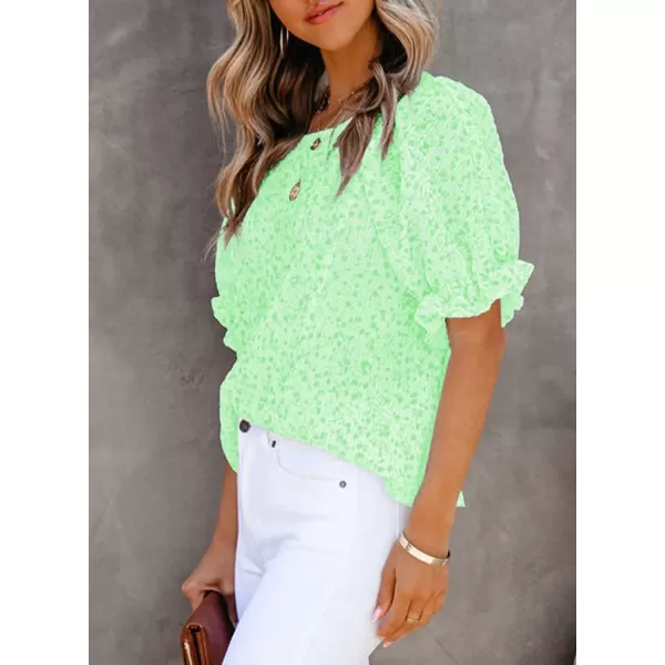 Dokotoo Floral Print Blouses for Women Crewneck Smocked Puff Sleeve Shirts Casual Babydoll Tops