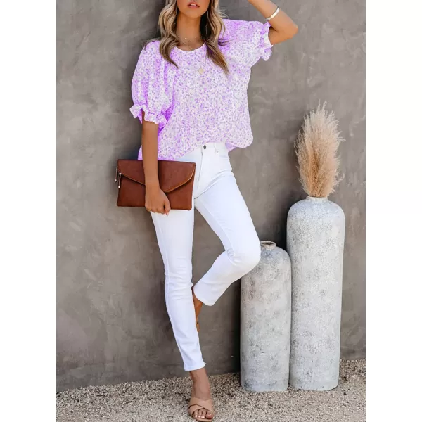 Dokotoo Floral Print Blouses for Women Crewneck Smocked Puff Sleeve Shirts Casual Babydoll Tops
