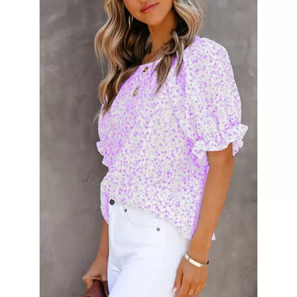 Dokotoo Floral Print Blouses for Women Crewneck Smocked Puff Sleeve Shirts Casual Babydoll Tops