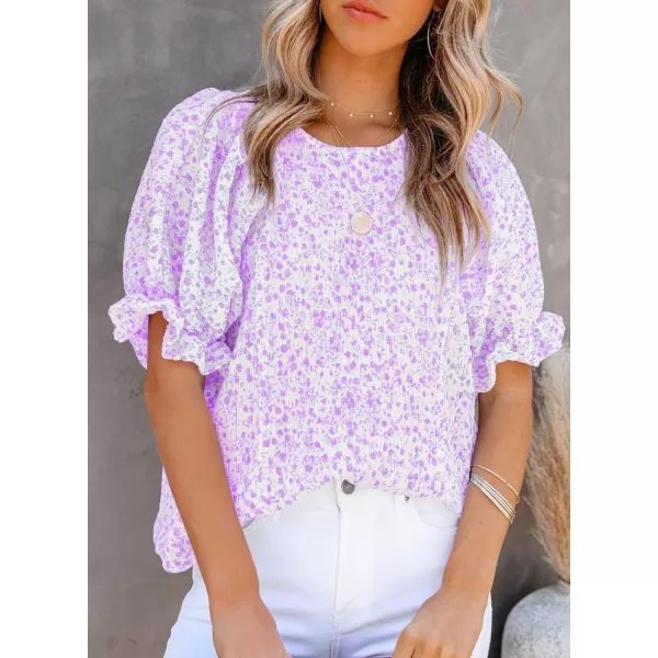 Dokotoo Floral Print Blouses for Women Crewneck Smocked Puff Sleeve Shirts Casual Babydoll Tops