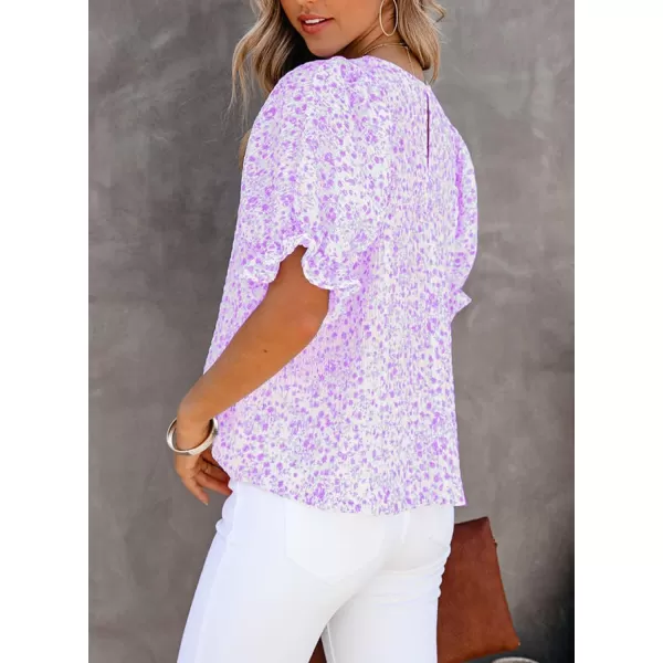 Dokotoo Floral Print Blouses for Women Crewneck Smocked Puff Sleeve Shirts Casual Babydoll Tops