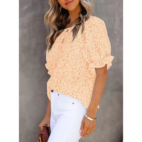 Dokotoo Floral Print Blouses for Women Crewneck Smocked Puff Sleeve Shirts Casual Babydoll Tops