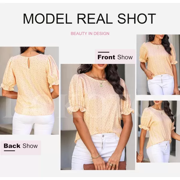Dokotoo Floral Print Blouses for Women Crewneck Smocked Puff Sleeve Shirts Casual Babydoll Tops