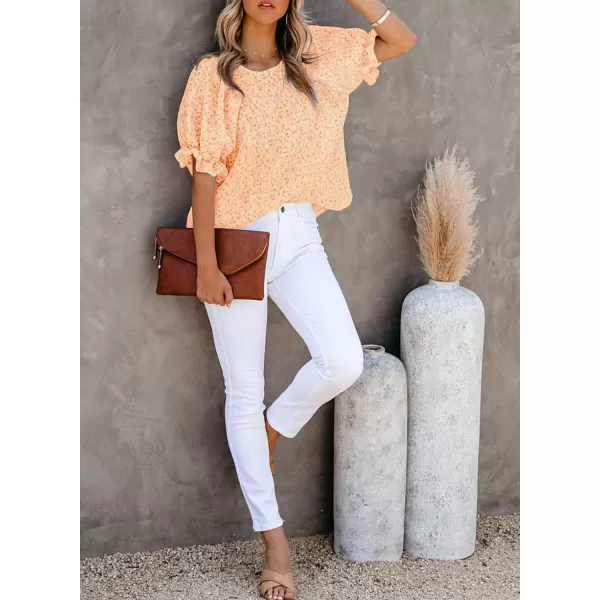 Dokotoo Floral Print Blouses for Women Crewneck Smocked Puff Sleeve Shirts Casual Babydoll Tops