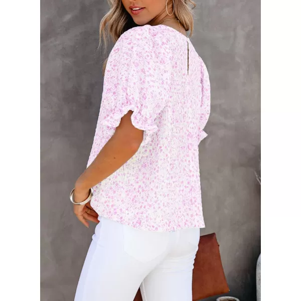 Dokotoo Floral Print Blouses for Women Crewneck Smocked Puff Sleeve Shirts Casual Babydoll Tops