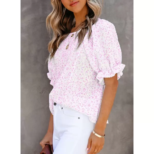 Dokotoo Floral Print Blouses for Women Crewneck Smocked Puff Sleeve Shirts Casual Babydoll Tops