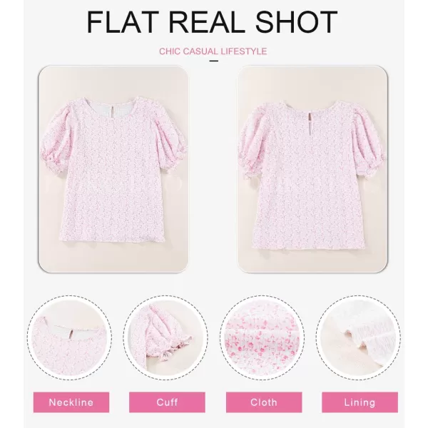 Dokotoo Floral Print Blouses for Women Crewneck Smocked Puff Sleeve Shirts Casual Babydoll Tops