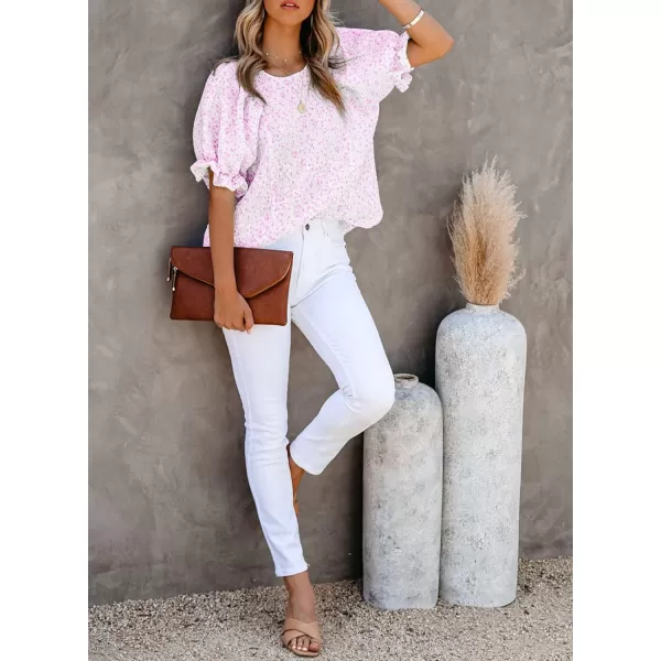 Dokotoo Floral Print Blouses for Women Crewneck Smocked Puff Sleeve Shirts Casual Babydoll Tops