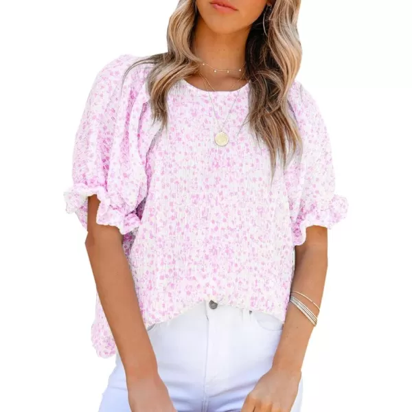 Dokotoo Floral Print Blouses for Women Crewneck Smocked Puff Sleeve Shirts Casual Babydoll Tops