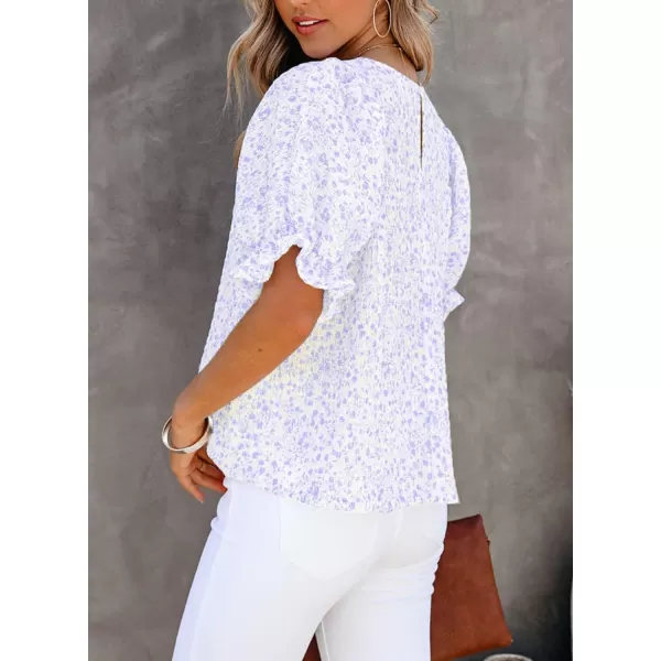 Dokotoo Floral Print Blouses for Women Crewneck Smocked Puff Sleeve Shirts Casual Babydoll Tops