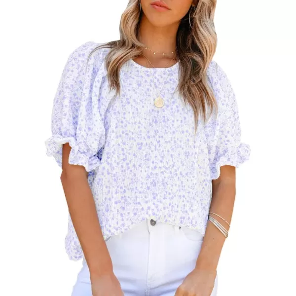 Dokotoo Floral Print Blouses for Women Crewneck Smocked Puff Sleeve Shirts Casual Babydoll Tops