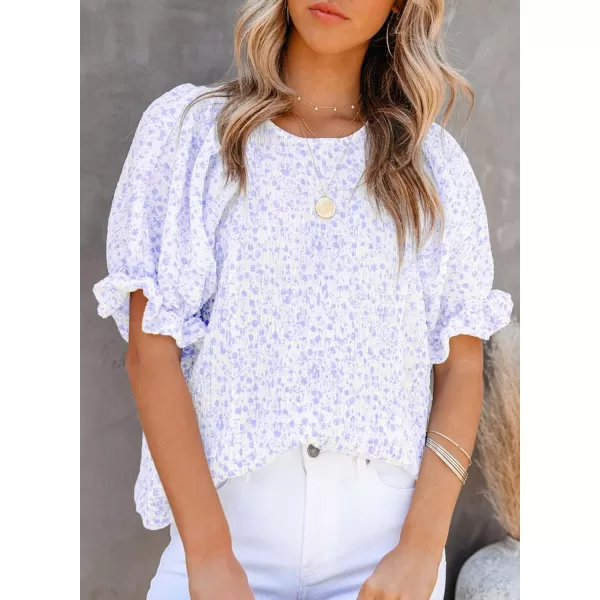 Dokotoo Floral Print Blouses for Women Crewneck Smocked Puff Sleeve Shirts Casual Babydoll Tops