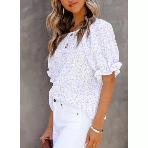Dokotoo Floral Print Blouses for Women Crewneck Smocked Puff Sleeve Shirts Casual Babydoll Tops