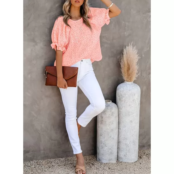 Dokotoo Floral Print Blouses for Women Crewneck Smocked Puff Sleeve Shirts Casual Babydoll Tops
