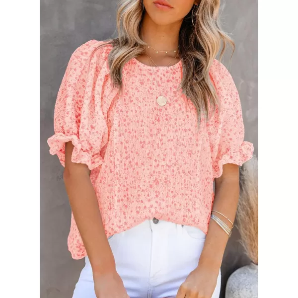 Dokotoo Floral Print Blouses for Women Crewneck Smocked Puff Sleeve Shirts Casual Babydoll Tops