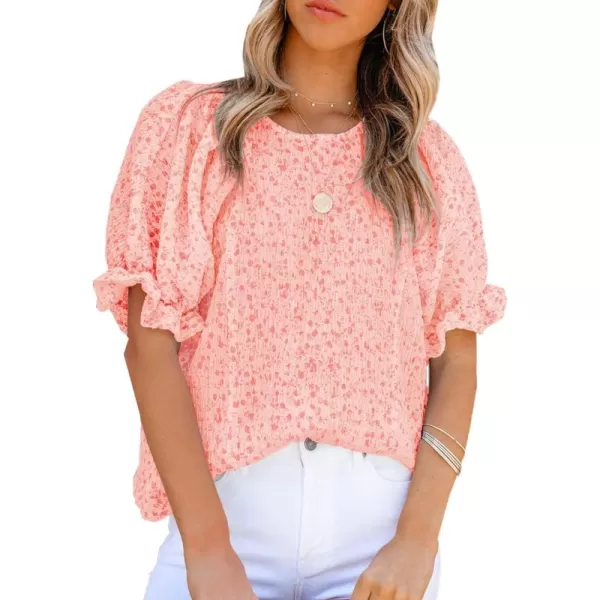 Dokotoo Floral Print Blouses for Women Crewneck Smocked Puff Sleeve Shirts Casual Babydoll Tops