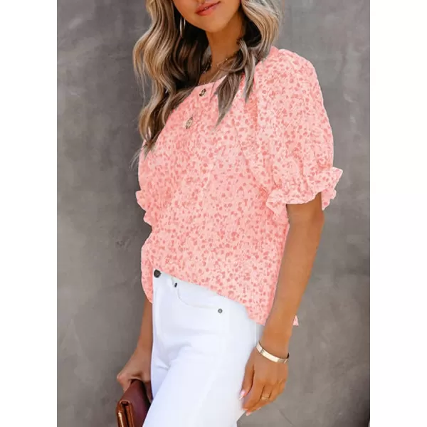 Dokotoo Floral Print Blouses for Women Crewneck Smocked Puff Sleeve Shirts Casual Babydoll Tops