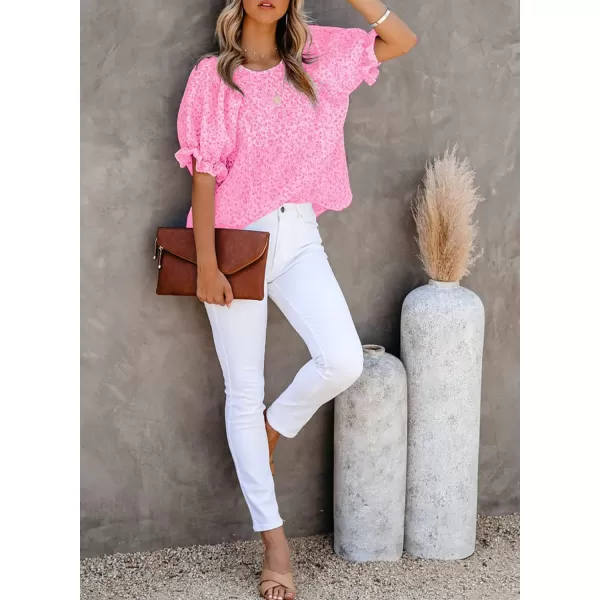 Dokotoo Floral Print Blouses for Women Crewneck Smocked Puff Sleeve Shirts Casual Babydoll Tops
