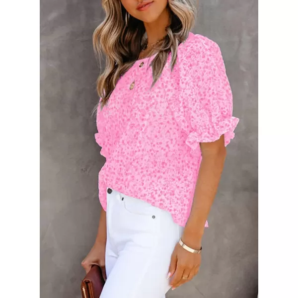 Dokotoo Floral Print Blouses for Women Crewneck Smocked Puff Sleeve Shirts Casual Babydoll Tops