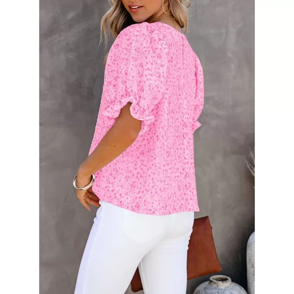 Dokotoo Floral Print Blouses for Women Crewneck Smocked Puff Sleeve Shirts Casual Babydoll Tops