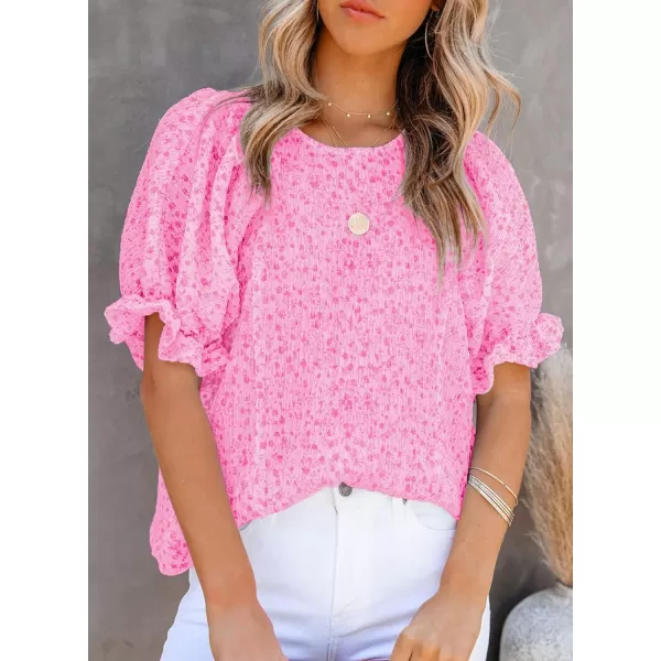 Dokotoo Floral Print Blouses for Women Crewneck Smocked Puff Sleeve Shirts Casual Babydoll Tops