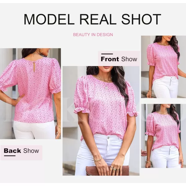 Dokotoo Floral Print Blouses for Women Crewneck Smocked Puff Sleeve Shirts Casual Babydoll Tops