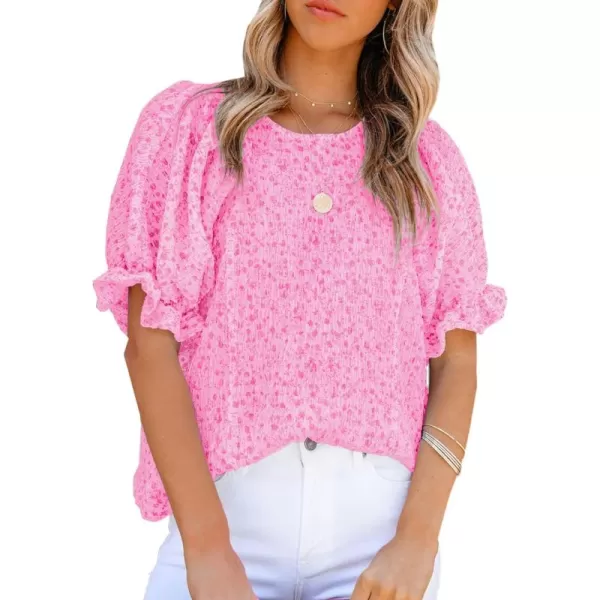 Dokotoo Floral Print Blouses for Women Crewneck Smocked Puff Sleeve Shirts Casual Babydoll Tops