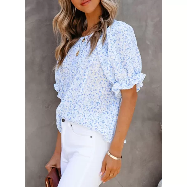 Dokotoo Floral Print Blouses for Women Crewneck Smocked Puff Sleeve Shirts Casual Babydoll Tops