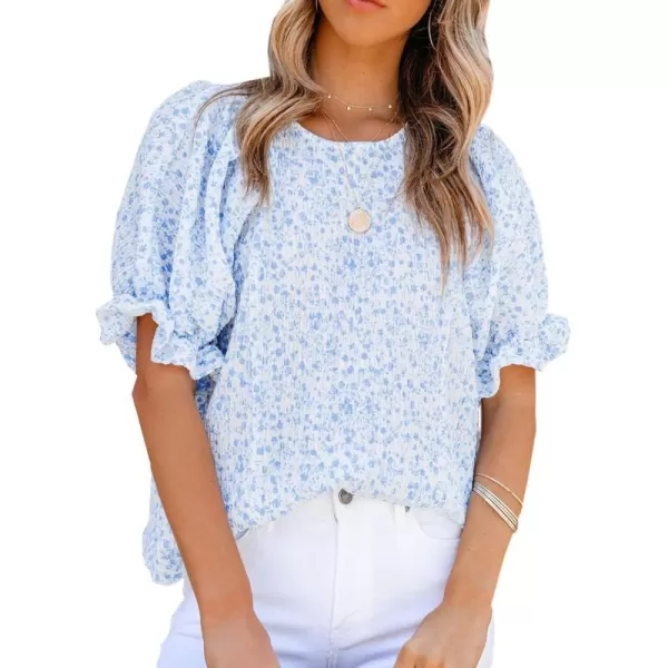 Dokotoo Floral Print Blouses for Women Crewneck Smocked Puff Sleeve Shirts Casual Babydoll Tops