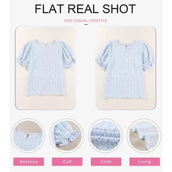 Dokotoo Floral Print Blouses for Women Crewneck Smocked Puff Sleeve Shirts Casual Babydoll Tops