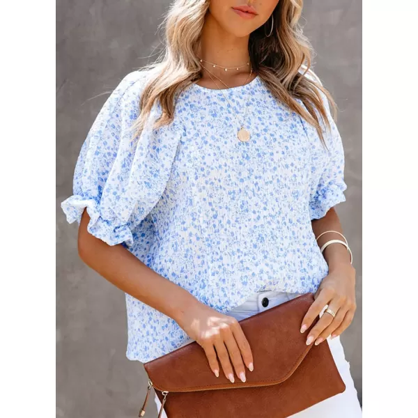 Dokotoo Floral Print Blouses for Women Crewneck Smocked Puff Sleeve Shirts Casual Babydoll Tops