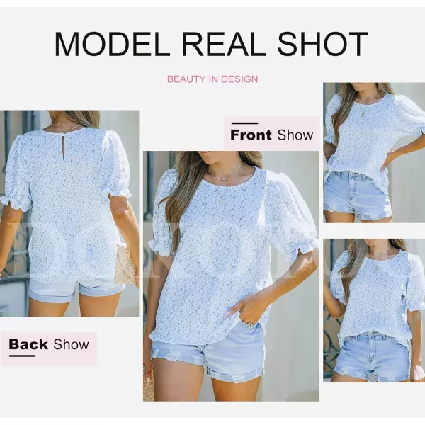 Dokotoo Floral Print Blouses for Women Crewneck Smocked Puff Sleeve Shirts Casual Babydoll Tops