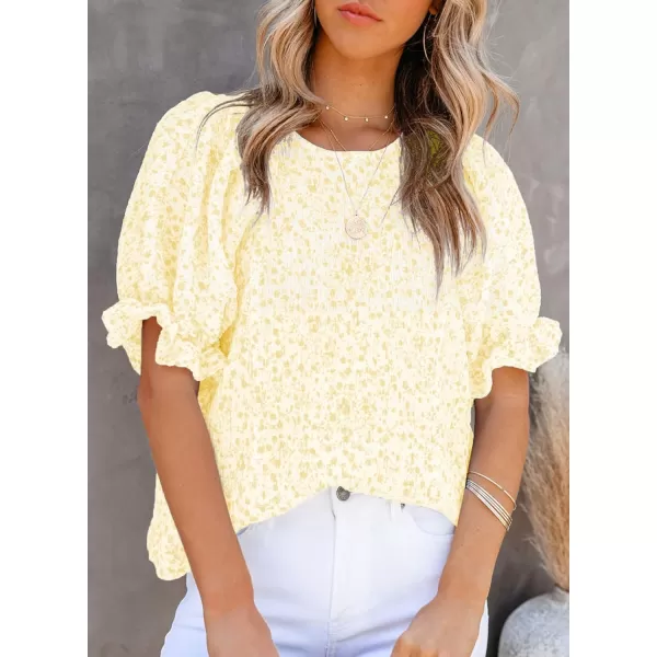 Dokotoo Floral Print Blouses for Women Crewneck Smocked Puff Sleeve Shirts Casual Babydoll Tops