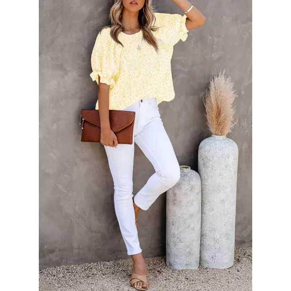Dokotoo Floral Print Blouses for Women Crewneck Smocked Puff Sleeve Shirts Casual Babydoll Tops