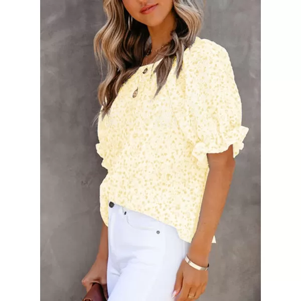 Dokotoo Floral Print Blouses for Women Crewneck Smocked Puff Sleeve Shirts Casual Babydoll Tops