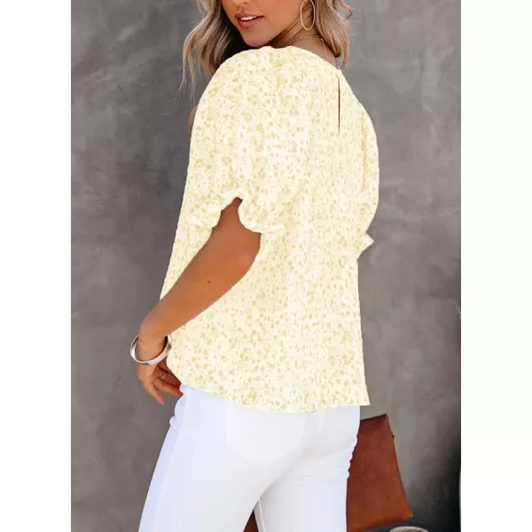 Dokotoo Floral Print Blouses for Women Crewneck Smocked Puff Sleeve Shirts Casual Babydoll Tops