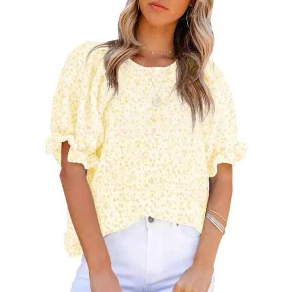 Dokotoo Floral Print Blouses for Women Crewneck Smocked Puff Sleeve Shirts Casual Babydoll Tops