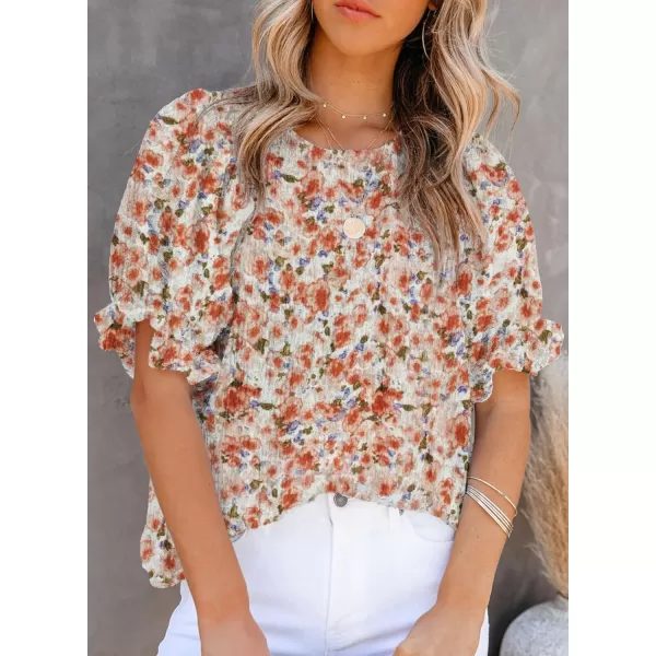 Dokotoo Floral Print Blouses for Women Crewneck Smocked Puff Sleeve Shirts Casual Babydoll Tops