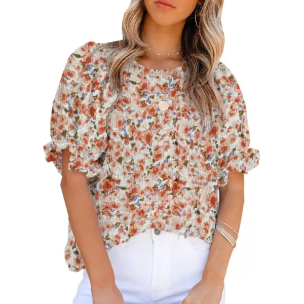 Dokotoo Floral Print Blouses for Women Crewneck Smocked Puff Sleeve Shirts Casual Babydoll Tops