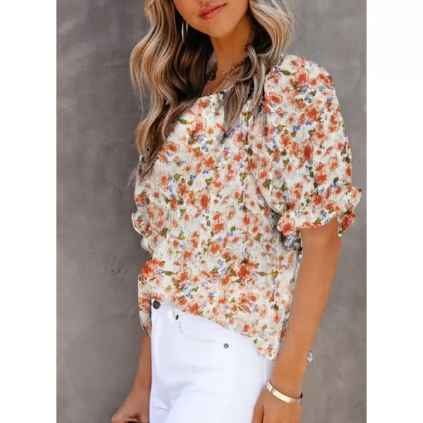Dokotoo Floral Print Blouses for Women Crewneck Smocked Puff Sleeve Shirts Casual Babydoll Tops