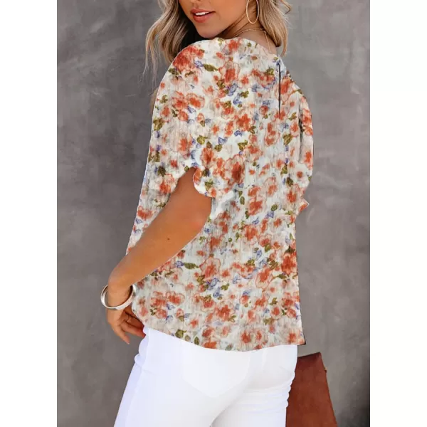 Dokotoo Floral Print Blouses for Women Crewneck Smocked Puff Sleeve Shirts Casual Babydoll Tops