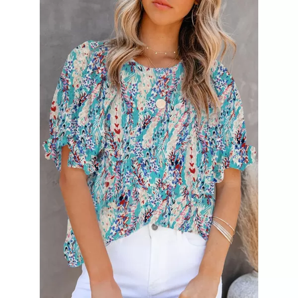 Dokotoo Floral Print Blouses for Women Crewneck Smocked Puff Sleeve Shirts Casual Babydoll Tops