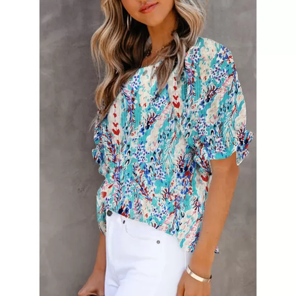 Dokotoo Floral Print Blouses for Women Crewneck Smocked Puff Sleeve Shirts Casual Babydoll Tops