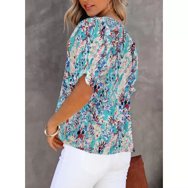 Dokotoo Floral Print Blouses for Women Crewneck Smocked Puff Sleeve Shirts Casual Babydoll Tops