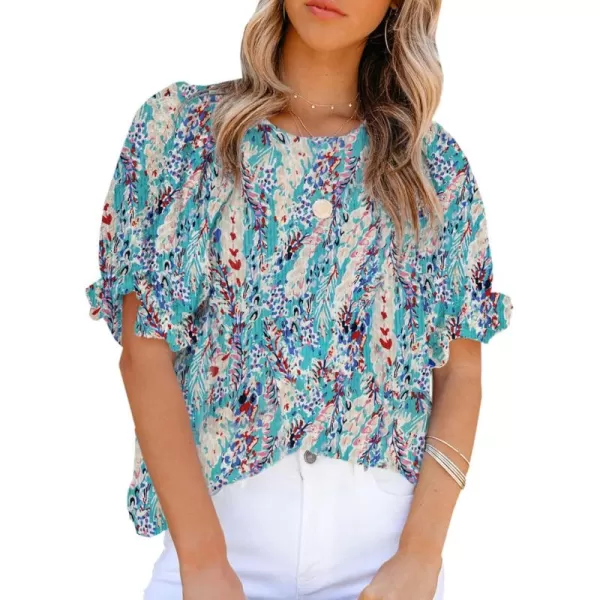 Dokotoo Floral Print Blouses for Women Crewneck Smocked Puff Sleeve Shirts Casual Babydoll Tops