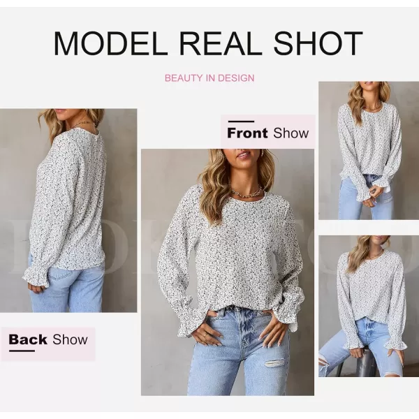 Dokotoo Floral Print Blouses for Women Crewneck Smocked Puff Sleeve Shirts Casual Babydoll Tops