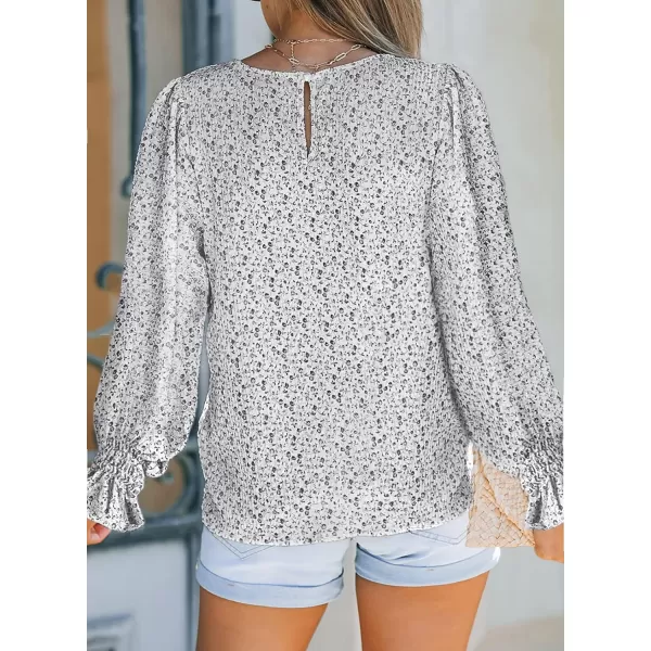 Dokotoo Floral Print Blouses for Women Crewneck Smocked Puff Sleeve Shirts Casual Babydoll Tops