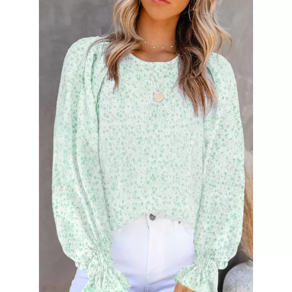 Dokotoo Floral Print Blouses for Women Crewneck Smocked Puff Sleeve Shirts Casual Babydoll Tops