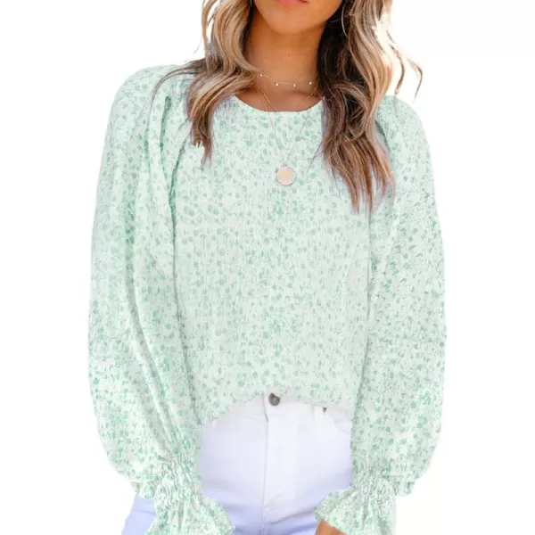 Dokotoo Floral Print Blouses for Women Crewneck Smocked Puff Sleeve Shirts Casual Babydoll Tops