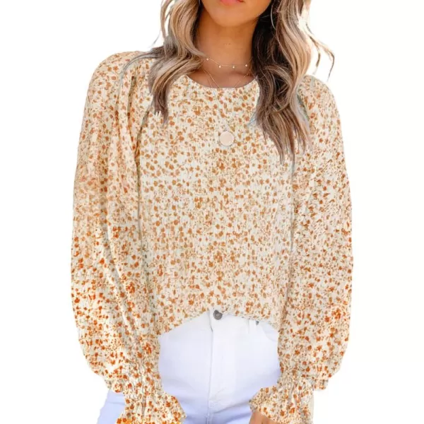 Dokotoo Floral Print Blouses for Women Crewneck Smocked Puff Sleeve Shirts Casual Babydoll Tops